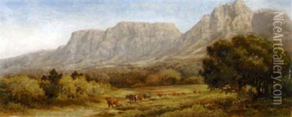 A Drover And Cattle With Table Mountain Beyond Oil Painting - Charles Rolando