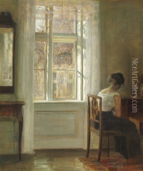 Interior With The Painter's Wife At The Window Oil Painting - Carl Vilhelm Holsoe