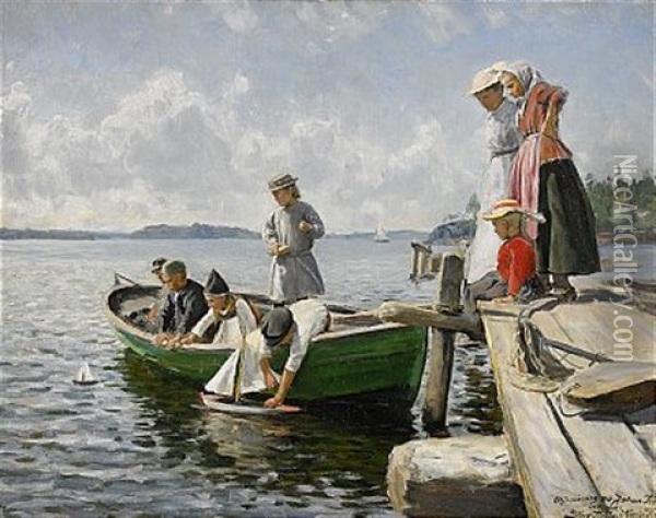 Vid Bryggan - Motiv Fran Rattvikstrakten Oil Painting - Johan Tiren