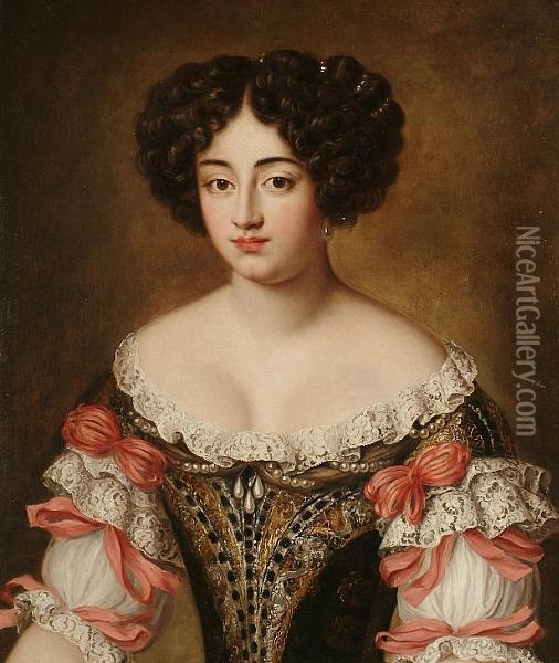 Portrait Of Maria Mancini, 
Bust-length, In A Brown Embroidered Dress With Lace Trim And Pink Bows Oil Painting - Jacob Ferdinand Voet