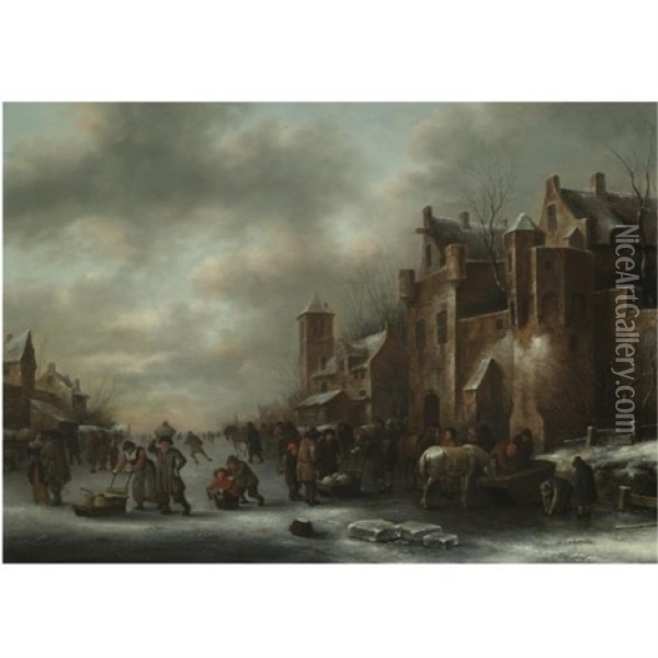 A Winter Landscape With Numerous Figures On A Frozen River Outside The Town Walls Oil Painting - Nicolaes Molenaer