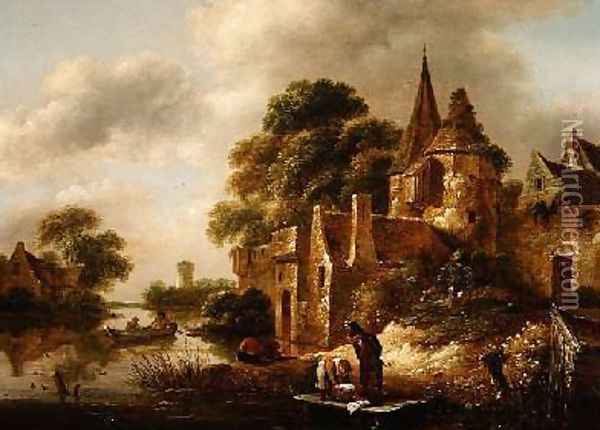 River Landscape with Peasants near a Castle Oil Painting - Claes Molenaar (see Molenaer)