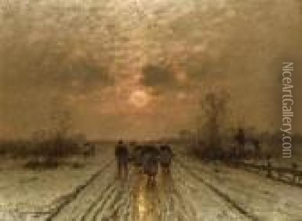 Winterlandschaft Im Abendlicht Mit
 Heimkehrenden Bauern. Oil Painting - Johann Jungblutt