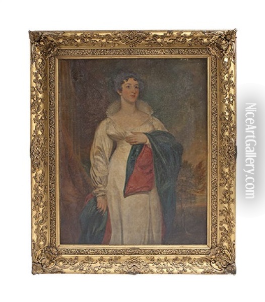 A Portrait Of A Woman, Called Lady Gort, Standing Three-quarter Length In A Landscape, Wearing A White Dress And Cloak Oil Painting - Martin Cregan