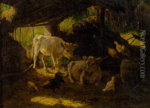 Kalber Und Huhner Im Stall Oil Painting - Minna Stocks