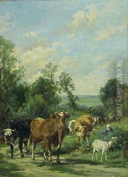 Cattle In A Landscape Oil Painting - Marie Dieterle