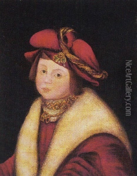 Portrait Of A Young Boy Wearing A Red Jacket And Hat, With A White Mantle Oil Painting - Lucas Cranach the Younger