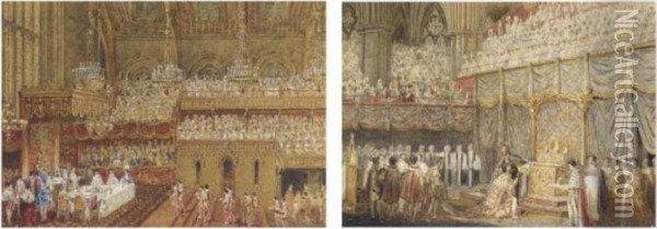 The Royal Banquet At Westminster Hall - The Coronation Of King George Iv; The Coronation Of King George Iv At Westminster Abbey Oil Painting - Charles Wild