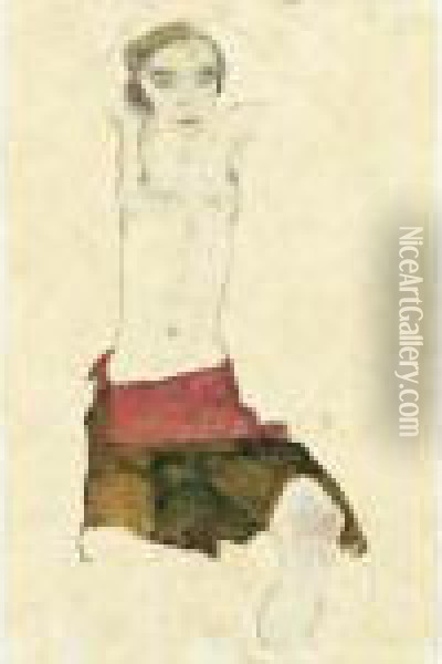 Property From A Private Italian Collector
 

 
 
 

 
 Halbakt Mit Buntem Rock Und Erhobenen Armen (semi-nude With Coloured Skirt And Raised Arms) Oil Painting - Egon Schiele