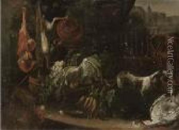 Vegetables, Dead Game And Pots With A Dog Outside A Building Oil Painting - Adriaen de Gryef