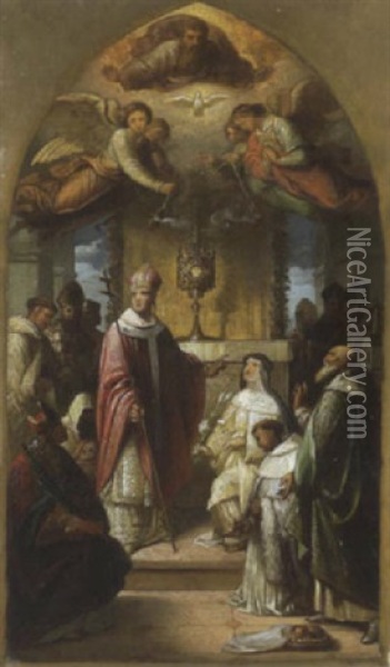 St. Norbert Und Die Heiligen Seines Ordens In Der Peterskirche Vor Pabst Honorius Ii. Kniend. Oil Painting - Augustin Palme