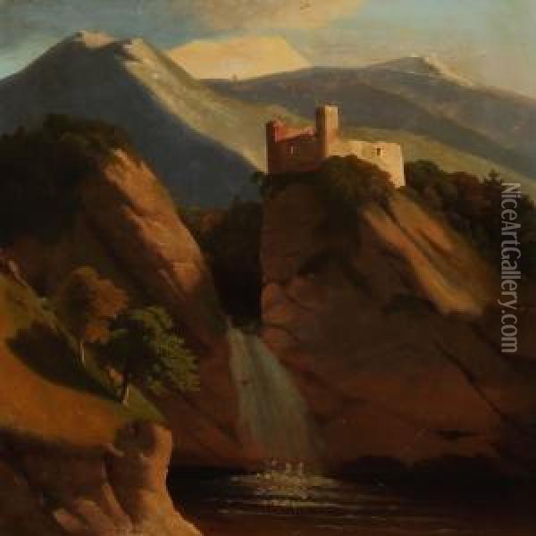 Mountain Landscape With A Waterfall And Ruin Oil Painting - Georg Emil Libert