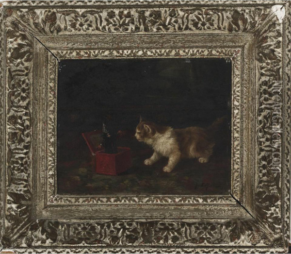 Kitten Surprised By The Jack In The Box Oil Painting - Jules Leroy