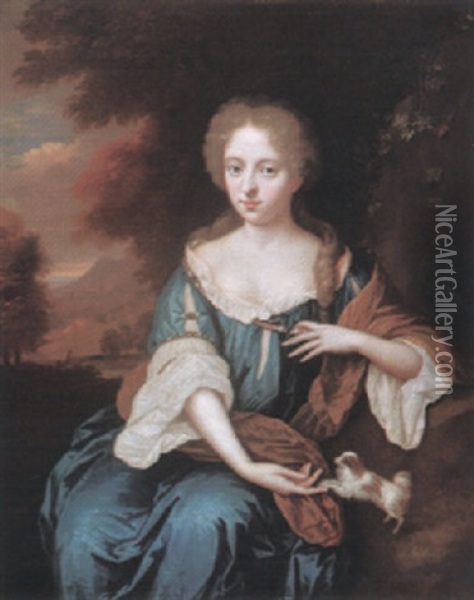 Portrait Of A Lady, Three-quarter Length, Seated With Her Dog Oil Painting - Constantyn Netscher