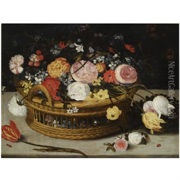 Still Life Of Roses, Tulips, Chrysanthemums, Anemones And Other Flowers, All In A Basket On Stone Ledge, Together With A Lady-bird And A Tiny Beetle Oil Painting - Jan Brueghel the Elder