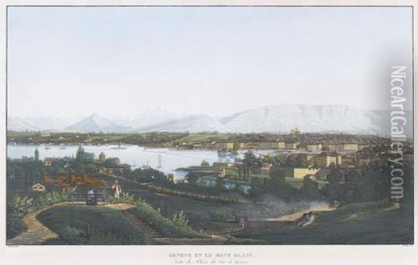 Geneve Et Le Mont Blanc,/sortie Du Rhone Du Lac De Oil Painting - Jean-Baptiste Dubois