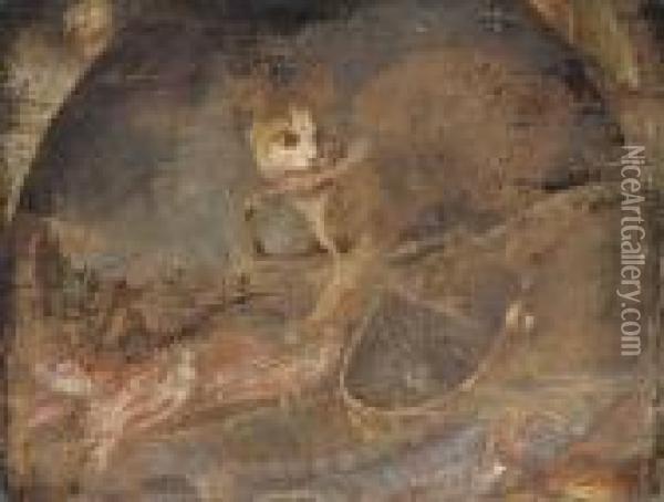 A Cat Stealing A Fish From An Upturned Basket Oil Painting - Elena Recco