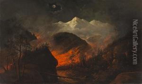 Forest Fire At Night Oil Painting - Howard A. Streight