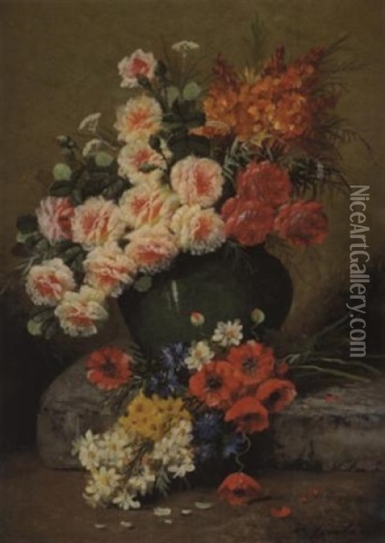 Composition Florale Aux Oeillets Et Coquelicots Oil Painting - Max Carlier