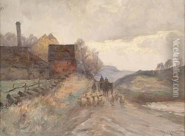 Sheep And A Cart On A Country Road Oil Painting - Joseph Milner