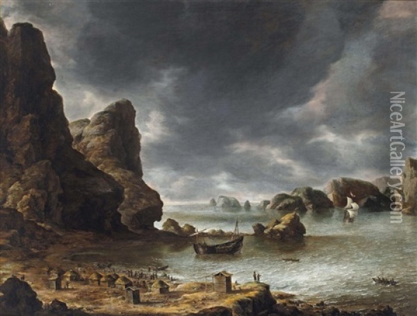 A View Of A Bay With Rocks, Possibly Smeerenburg Oil Painting - Jan Abrahamsz. Beerstraten