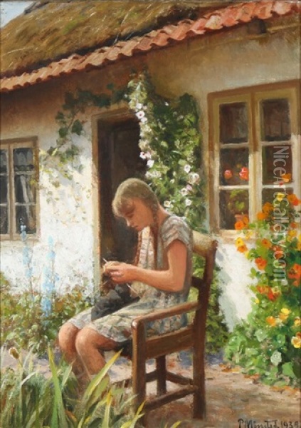 Summer Day With A Young Girl Knitting In Front Of A Thatched Cottage Oil Painting - Peder Mork Monsted