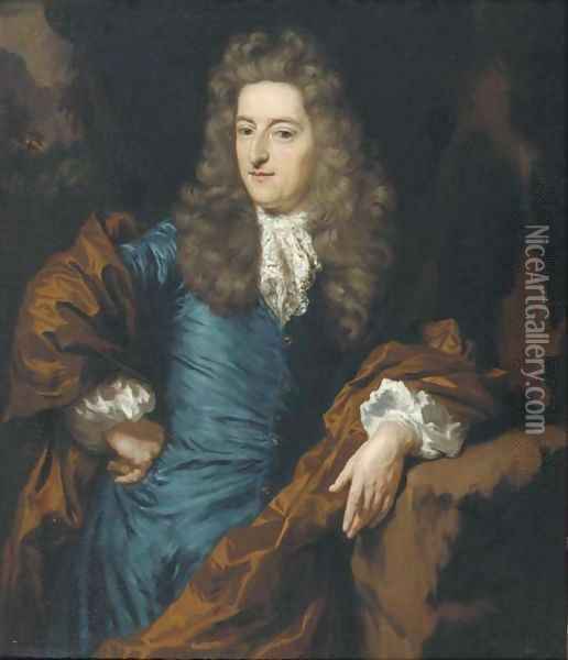 Portrait of a nobleman, three-quarter-length, in a satin blue waistcoat brown mantle and wig, in a landscape Oil Painting - Nicolaes Maes