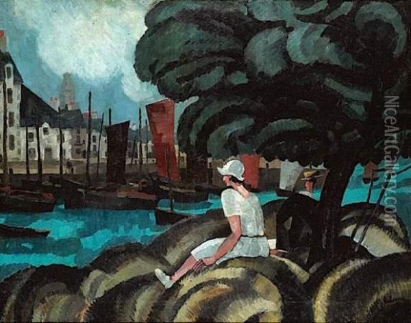Femme Assise Devant Le Port Oil Painting - Jean Emile Laboureur