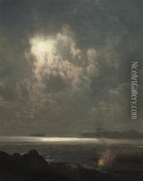 Moon Over The Bay Oil Painting - Hermann Herzog