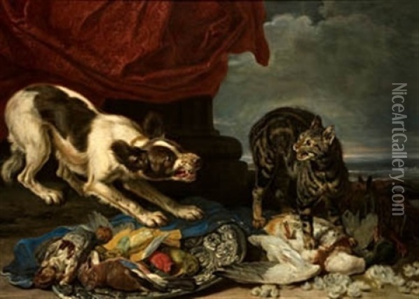 Bodegon Con Perro, Gato Y Presas Oil Painting - Jan Fyt