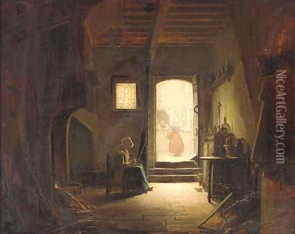 A young girl working in an interior Oil Painting - Dutch School