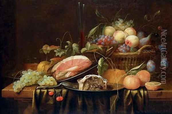 Ham and a sweetmeat pie on pewter plates, peaches, grapes, figs and plums in a basket, a bread roll, oranges, a sprig of cherries, a bunch of grapes Oil Painting - Joris Van Son