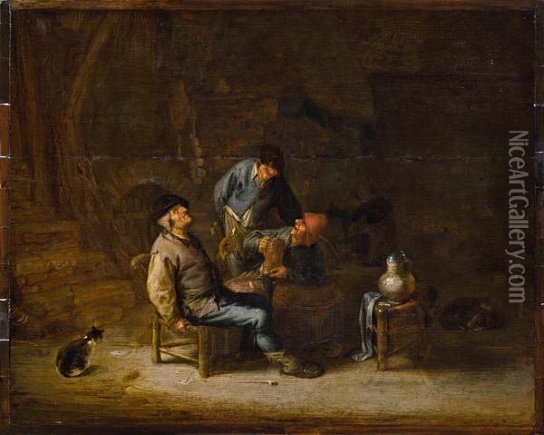 Drei Bauern In Einem Wirtshaus Mit Hund Und Katze Oil Painting - Adriaen Jansz. Van Ostade