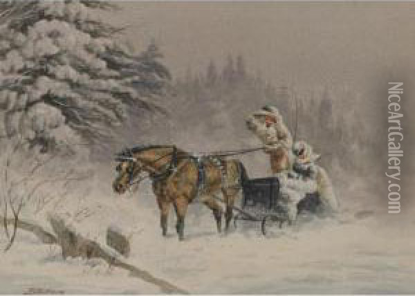 Figures In A Horse-drawn Sleigh Oil Painting - John B. Wilkinson