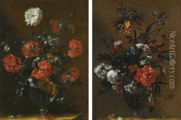 Still Life Of Flowers In A Vase (+ Another; Pair) Oil Painting - Nicolas Baudesson