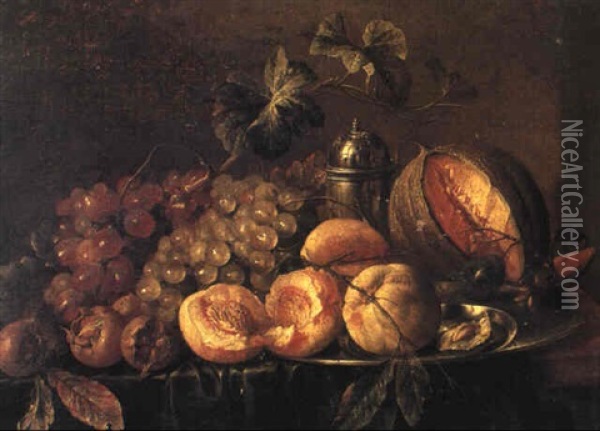 Still Life With Fruit, Salt And A Plate On A Draped Table Oil Painting - Cornelis De Heem