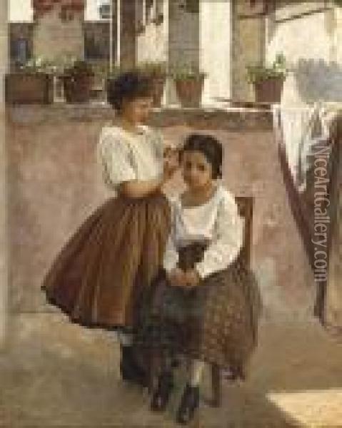Two Girls On A Balcony Oil Painting - Silvestro Lega