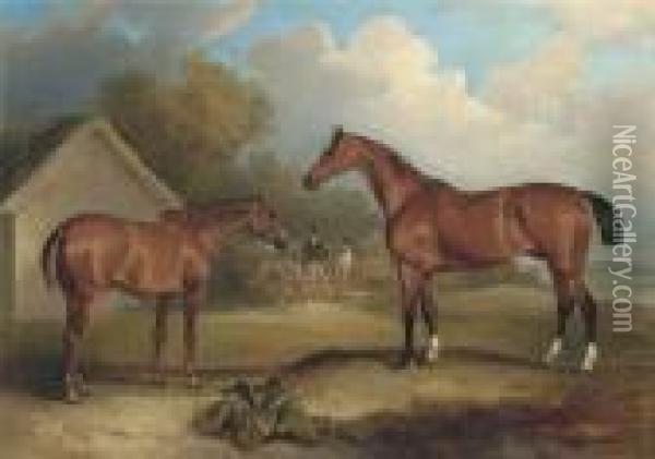 Sambo And Pilot, Property Of Lord Gardner, At Grass, With Figures Beyond Oil Painting - John Snr Ferneley