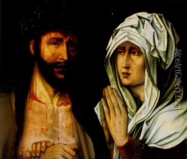 Christ Crowned With Thorn With The Virgin At Prayer Oil Painting - Maerten Jacobsz van Heemskerck