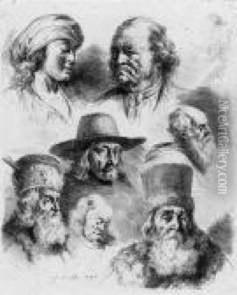 Studienblatt Mit Sieben Kopfen Oil Painting - Jean-Jacques De Boissieu