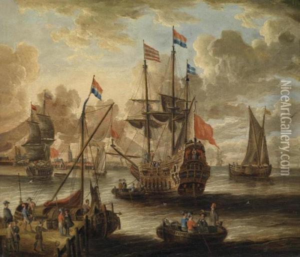 A Three-master And Other Vessels Off A Port Oil Painting - Willem van de, the Elder Velde