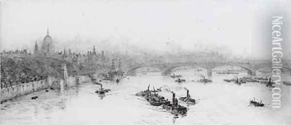 Tugs and barges on the Thames before St. Paul's Cathedral Oil Painting - William Lionel Wyllie