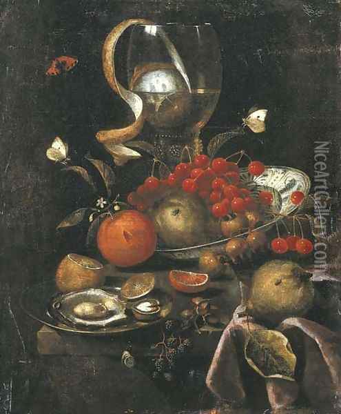 A partly-peeled lemon in a giant roemer, a Wan-li dish with cherries, apples and oranges, and a pewter plate with oysters and a walnut, with a pear Oil Painting - Marten Nellius