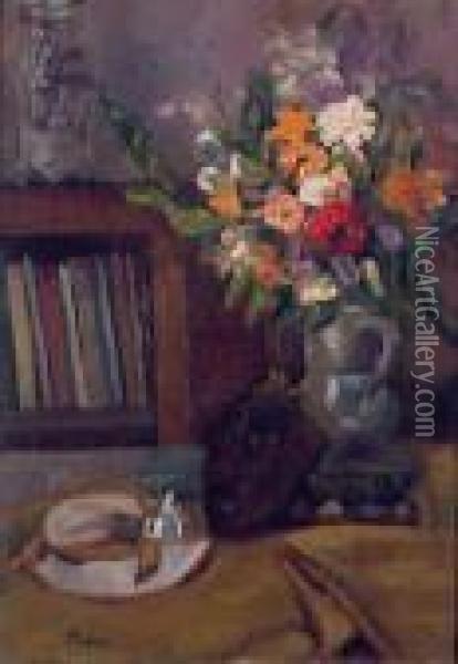 Still Life With Vase Of Flowers Andmask Oil Painting - Adolphe Feder