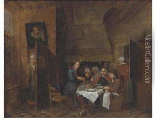 A Dining Room Interior With A Group Eating Oil Painting - Jan Baptist Lambrechts