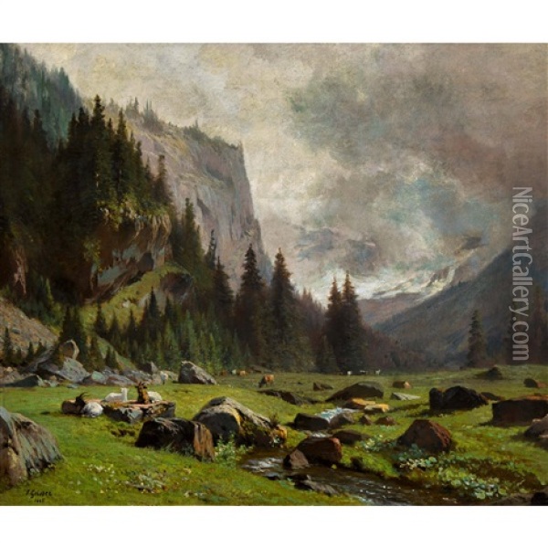 Ziegenherde In Einem Alpental Oil Painting - Johann-Joseph Geisser