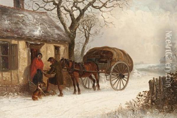 Winter; Horse And Cart At A Cottage Doorway In A Snowy Landscape Oil Painting - Thomas Smythe