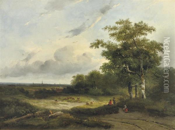 Herding The Sheep, A Town In The Distance Oil Painting - Frederik Hendrik Hendriks