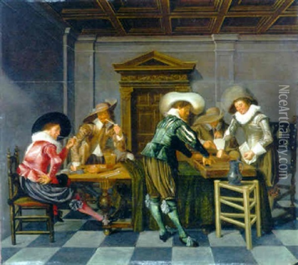 Elegant Figures Smoking, Drinking And Playing Tric-trac At Two Tables In An Interior Oil Painting - Dirck Hals