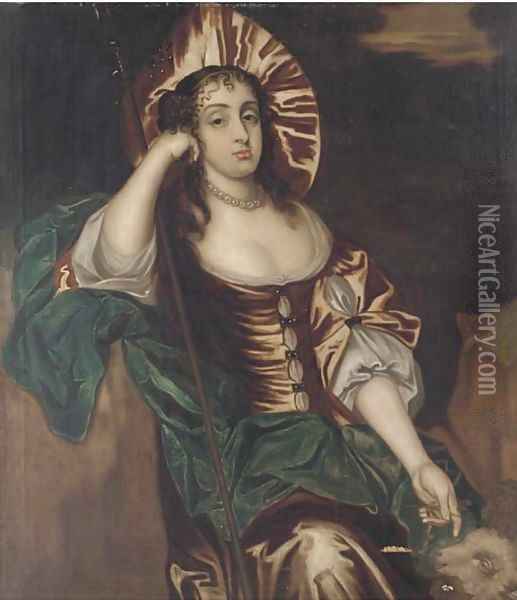 Portrait of a lady, three-quarter-length, in a brown dress and blue wrap, as a shepherdess Oil Painting - Jacob Huysmans